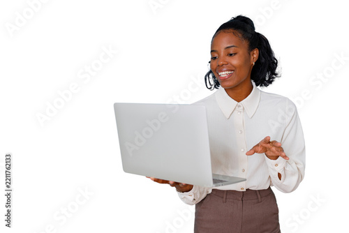 Young african american professional woman smiling, using a laptop, actively engaging in a virtual call, transparent background