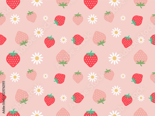 Seamless pattern with cute red strawberries and white daisy flowers on a soft pink background