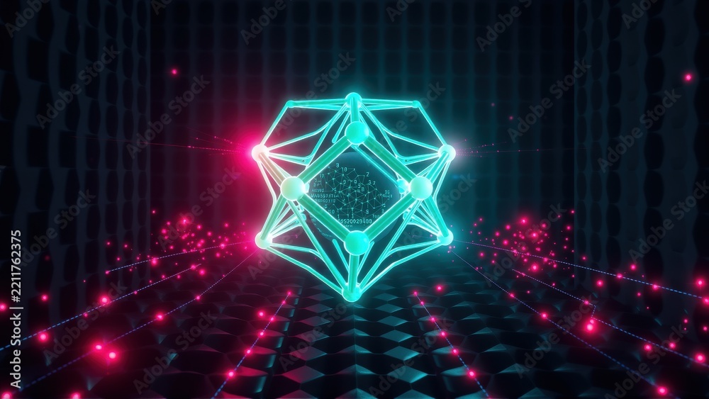 Fototapeta premium Glowing geometric shape dominates dark space. Pink particles radiate from floor, walls creating tunnel effect. Futuristic design.