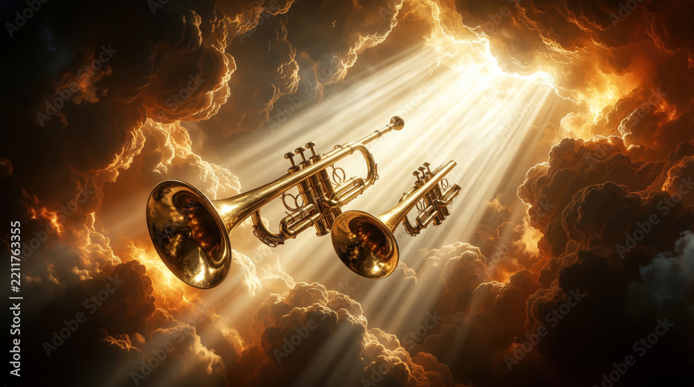 Obraz premium Golden trumpets float in dramatic sky among bright light rays, orange clouds. Celestial instruments sound divine alarm for apocalypse judgment day. Biblical concept of armageddon, heaven opening with
