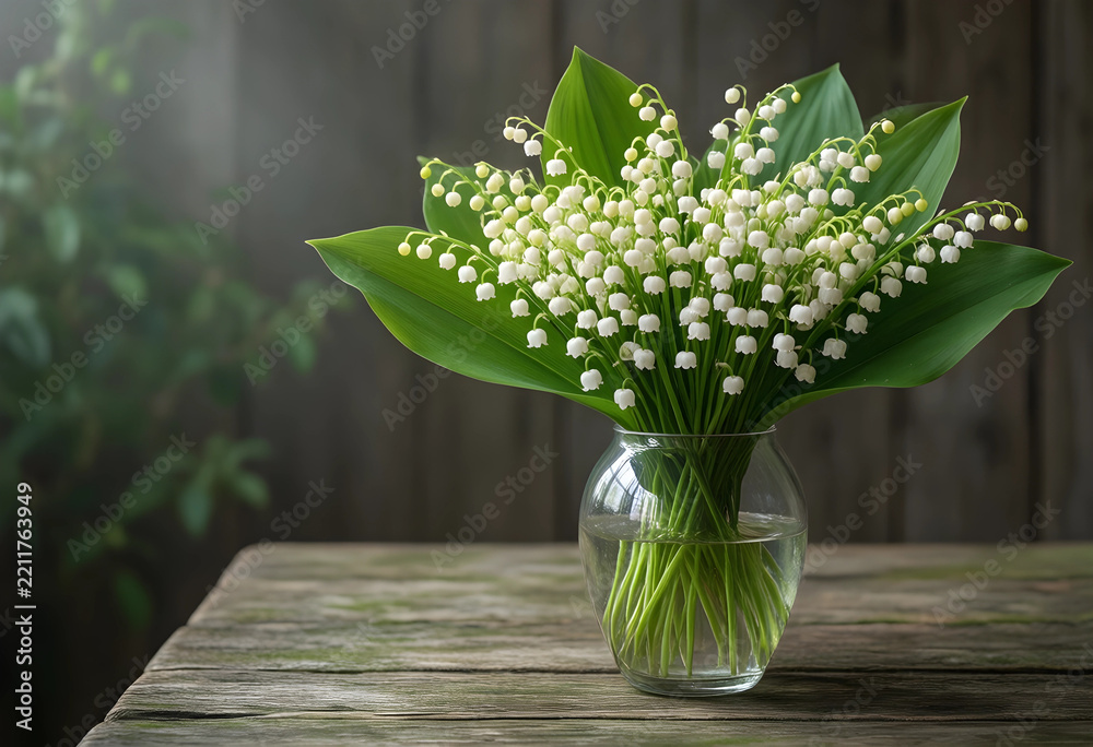 Fototapeta premium Spring renewal and purity concept, bouquet of lily of the valley flowers in a glass vase on a rustic wooden table with soft natural morning light