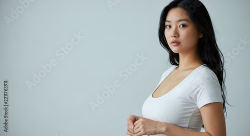 Portrait of Beautiful Young Asian Woman in White Shirt with Copy Space