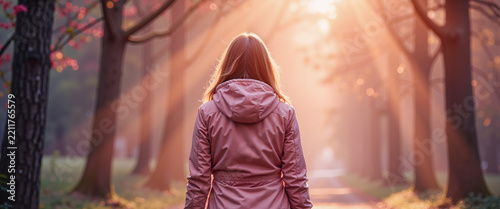 Back view woman in pink jacket walking misty forest for blogs websites social media posts breast cancer awareness month campaigns and prevention education materials