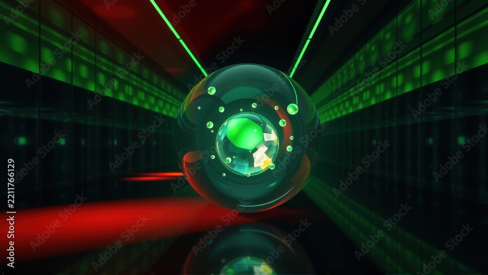 Fototapeta premium Futuristic tunnel with glowing sphere. Red, green light creates dynamic perspective. Reflective surface adds depth, visual impact.
