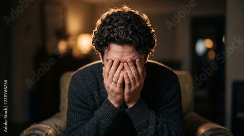 Upset young man burying his face in his hands while sitting in the dark perfect for themes of isolation deep depression grief and overwhelming anxiety