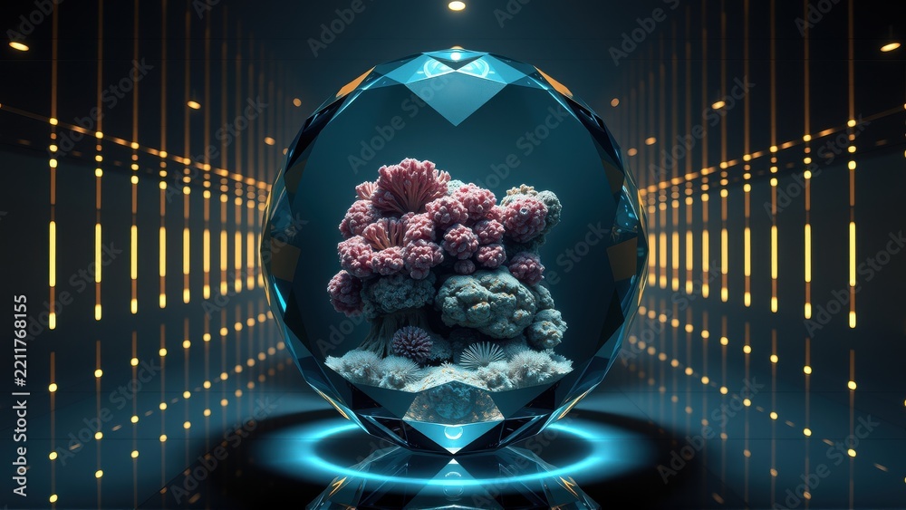 Fototapeta premium Coral inside crystal sphere. Futuristic setting, glowing lines create tunnel effect. Dark background emphasizes bright centerpiece.