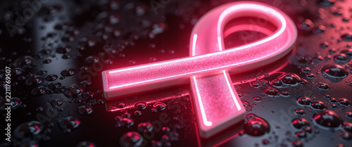 Pink neon awareness ribbon reflection wet dark surface for nightlife blogs urban websites campaigns fundraising events and breast cancer prevention education graphics