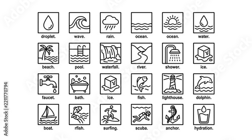 Water Icons Collection: Droplet, Wave, Rain, Ocean, Beach, Pool, Waterfall, River, Shower