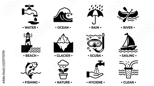Water Icons Collection: Nature, Ocean, Rain, River, Beach, Glacier, Scuba, Sailing