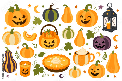 Vector Halloween and autumn set with pumpkins, lantern and pie