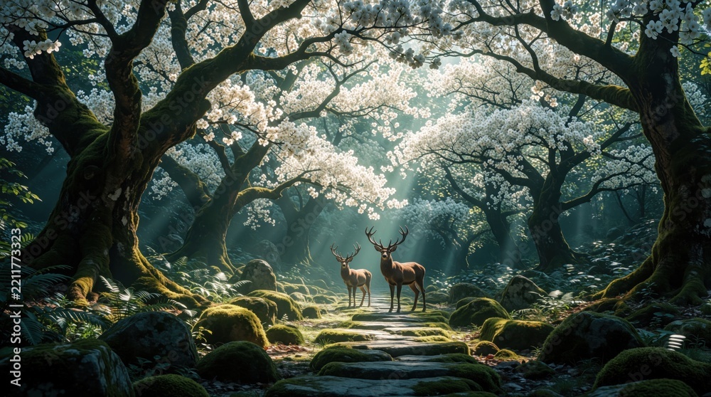 Obraz premium Two wild deer stand on stone path in magical forest. White flowering trees create dreamy canopy above animals. Bright sunlight rays filter through branches in misty woods. Peaceful nature scene with