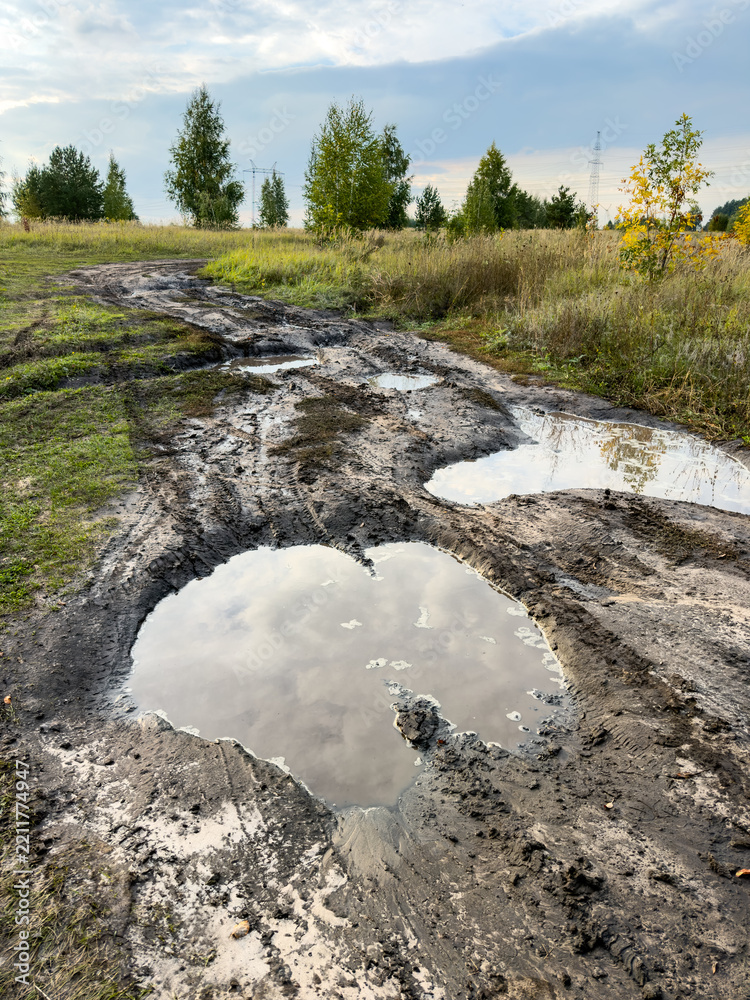 Obraz premium Wet, muddy road with deep puddles and cracked earth
