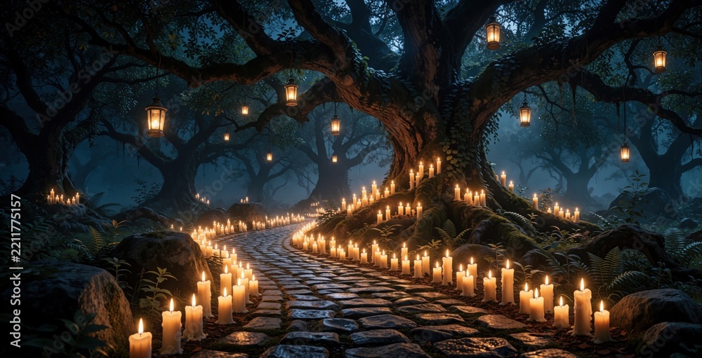 Obraz premium Mystical stone path leads through ancient dark forest at night. Many glowing candles, hanging lanterns light up winding way between old trees. Magical atmosphere creates dreamy fairytale mood in deep