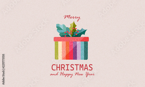 Colorful Christmas banner with rainbow colored gift on red background. Perfect for holiday banners, posters, greeting cards, web covers, and promo design templates.