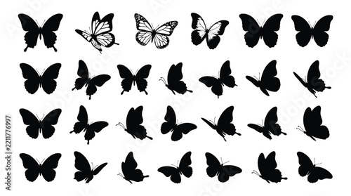 Butterfly Silhouette Vector Collection, Pure Black Winged Insect Shapes, Nature Wildlife Decorative Set Isolated On White Background
