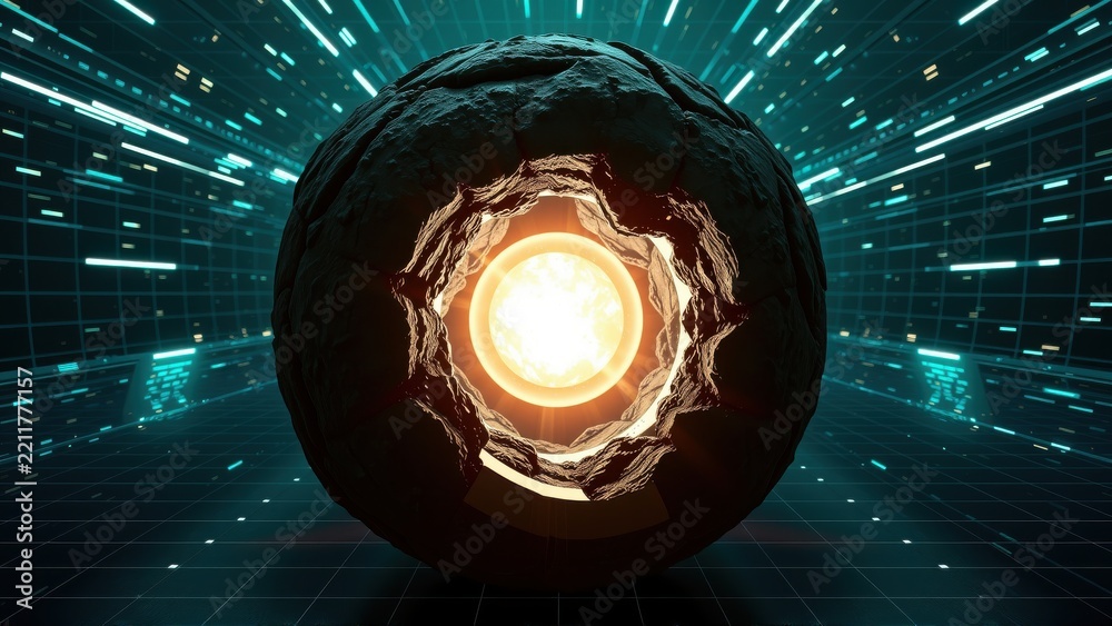 Fototapeta premium Dark sphere reveals bright core. Lines radiate from center, creating futuristic tunnel effect. Dramatic lighting emphasizes depth, texture.