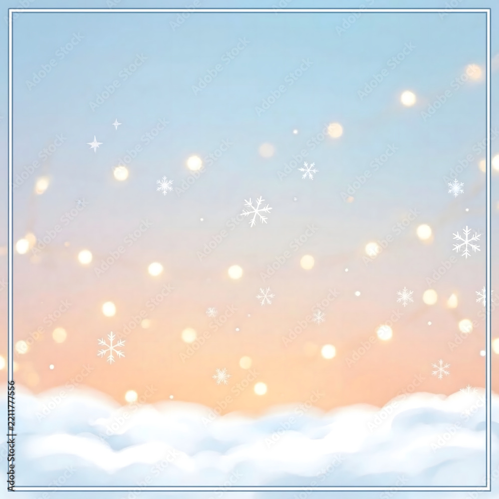 Fototapeta premium Snowflakes fall softly over a pastel sky with clouds in the foreground during the winter season