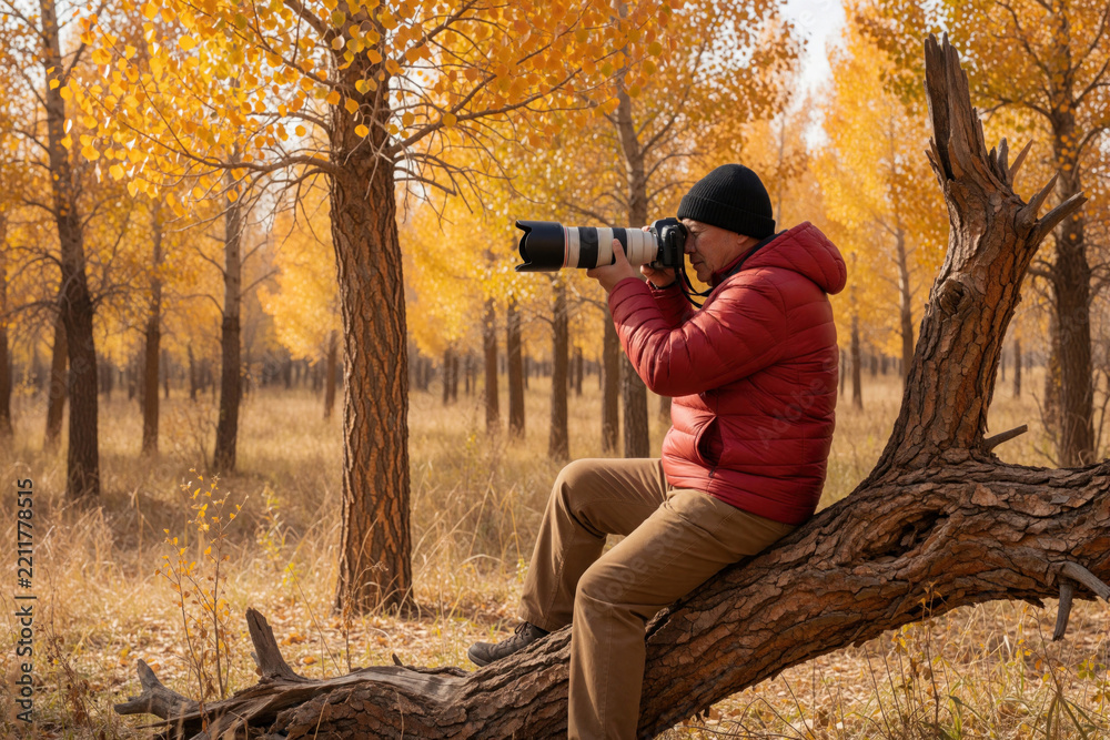 Obraz premium Pro wildlife photographer sits on large fallen tree trunk in autumn forest. Man uses telephoto lens camera to shoot golden foliage scenery. Outdoor adventure hobbyist captures nature landscape with
