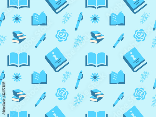 Seamless pattern with various blue school supplies including books pens and stationery icons on light background