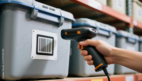 Warehouse employee scanning barcode on storage box in warehouse aisle with hand held scanner and shelf inventory
