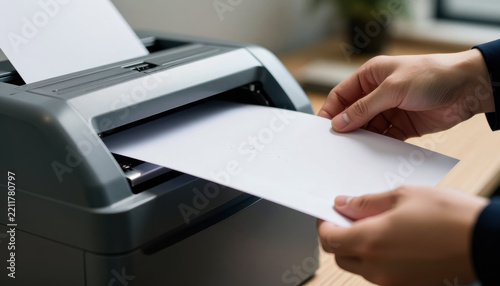 Office worker using paper shredder in office, hands feed document into security shredder for confidential disposal