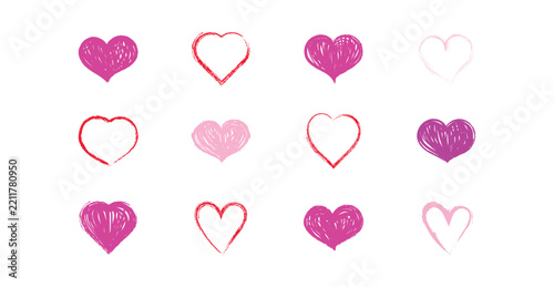 Brush Stroke Heart Icon set. Collection of pink brush stroke heart icons in different shades . Features artistic ink marks, rough outlines, organic shapes and freehand brush details. 