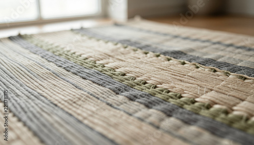 Woven textile closeup textured fabric pattern handwoven rug detail neutral color soft light rustic interior horizontal lines fiber texture