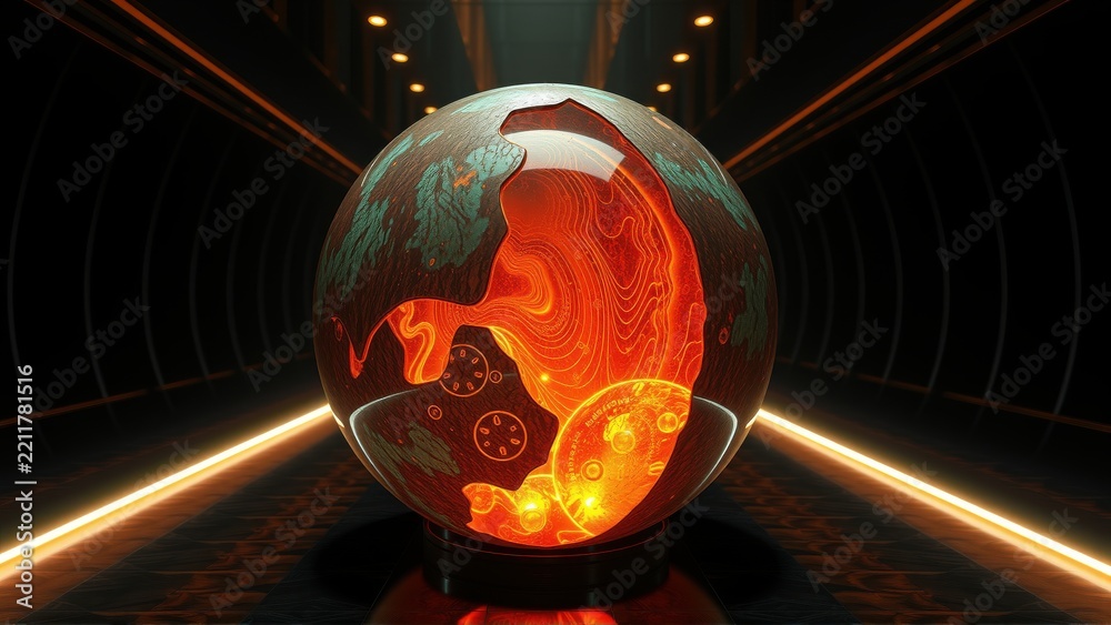Fototapeta premium Glowing sphere dominates dark room. Fiery interior visible through cracks. Futuristic setting with bright lines, reflections present.