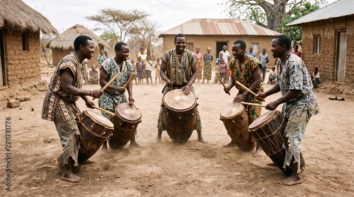 African men playing traditional drums in a village setting with onlookers gathered