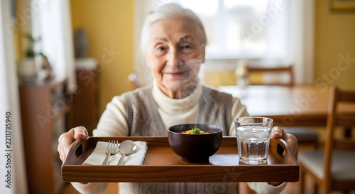 Elderly woman smiling, serving steaming soup on a wooden tray in a cozy kitchen
