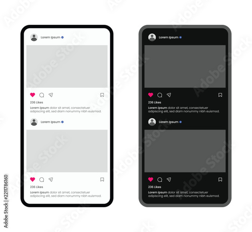 Social Media Feed or X feed Interface Mockup in Light and Dark Mode for Mobile Application UI Design.  Social network mobile app page template. Vector illustration