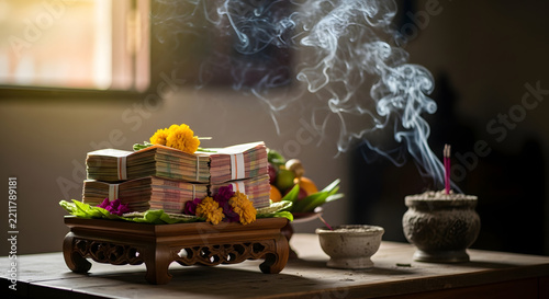 Offering of incense and money bundles on a wooden tray for spiritual rituals