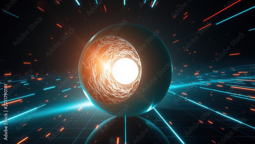 Fototapeta premium Glowing sphere radiates intense light. Streaks traverse dark space, forming grid pattern. Futuristic, vibrant visuals dominate composition.