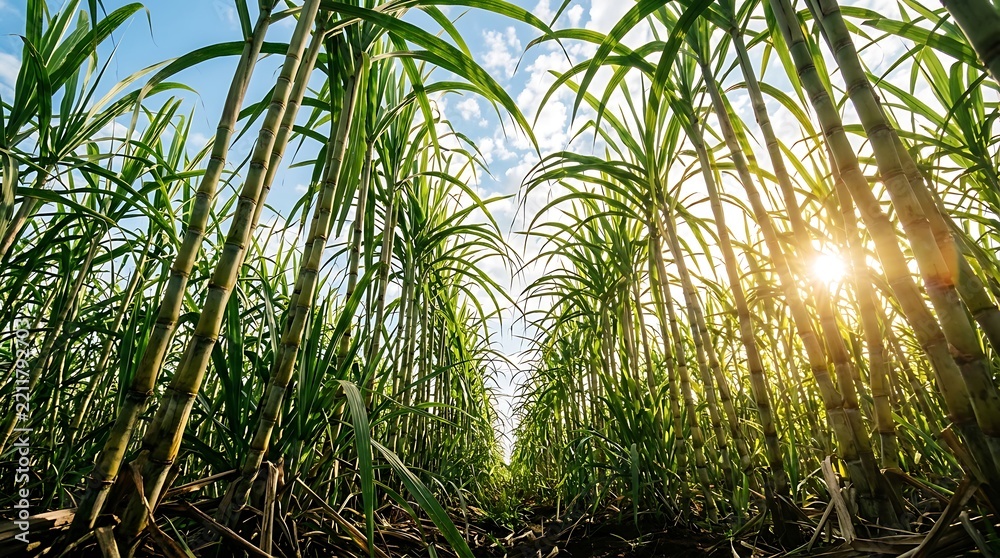 Fototapeta premium Low angle view of sugarcane plantation field with green leaves under blue sky and bright sunlight beams