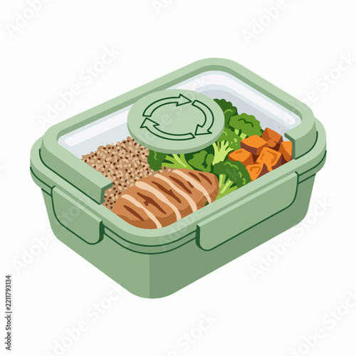 Reusable container takeaway food. Eco friendly lunch box with healthy meal and recycling symbol. Flat vector illustration