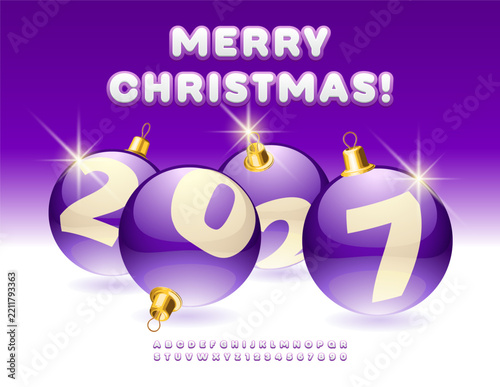 Vector Amazing Greeting Card Merry Christmas 2027 with Decorative Ball Toys! Modern White Rounded Font. Creative set of Bright Alphabet Letters and Numbers.