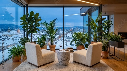 Cozy Modern Living Room with Panoramic City View and Winter Landscape