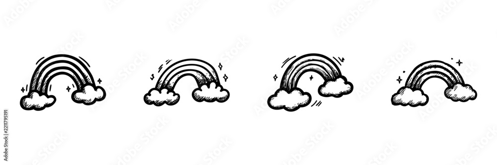Obraz premium Rainbows And Clouds Hand Drawn Doodle Icon Set. Decorative Rainbow Icons With Clouds Sketch Symbol Collection. Weather And Nature Design. Isolated Vector Illustration