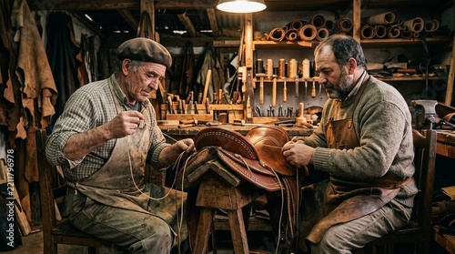 Two experienced craftsmen meticulously hand-stitching a leather saddle in a rustic workshop filled with tools and materials