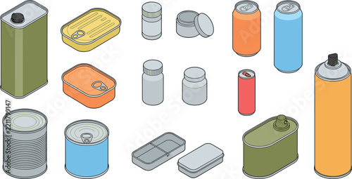 Isometric Metal Cans and Containers Vector Set Featuring Detailed Flat Color Illustrations of Food Tins, Soda Beverage Cans, Aerosol Sprays, Pill Bottles, and Storage Boxes
