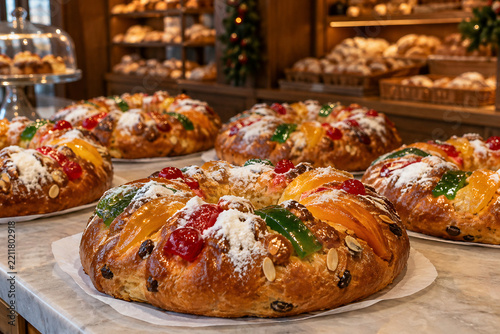 Bolo rei king cakes on a Portuguese bakery counter