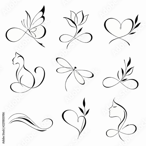 Set of black and white floral design elements vector illustration