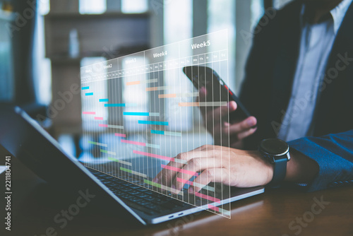 Person working on a laptop with project management schedule and Gantt chart graphics