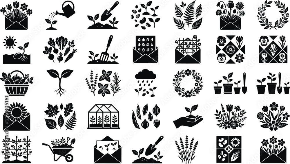 Fototapeta premium Set of gardening themed black silhouettes featuring plants tools seeds and garden flowers