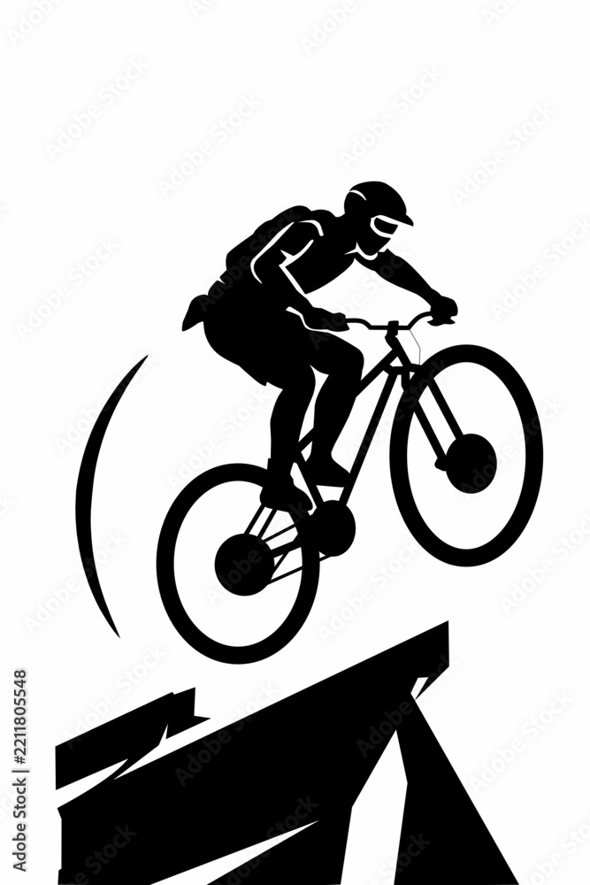 Obraz premium Black and white vector illustration of mountain bike rider jumping