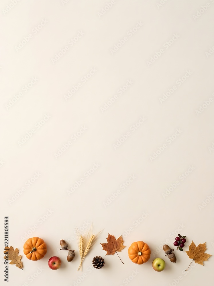 Fototapeta premium Autumn harvest arrangement with pumpkins leaves and pinecones on a neutral background