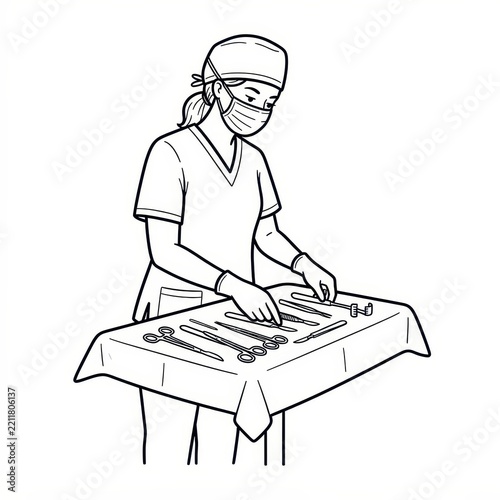 Surgeon preparing surgical instruments outline illustration
