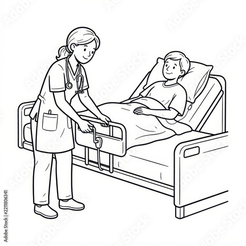 Nurse caring for patient in hospital bed line art