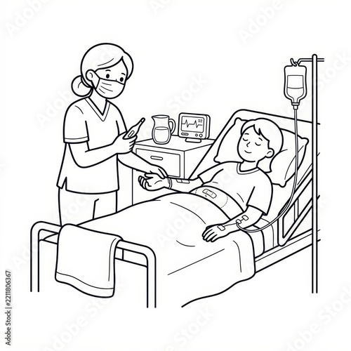 Nurse caring for patient in hospital room outline vector