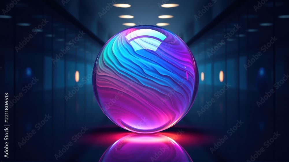 Fototapeta premium Vibrant sphere glows, reflecting pink, blue hues. Dark corridor creates dramatic lighting, mirroring effect visible below.